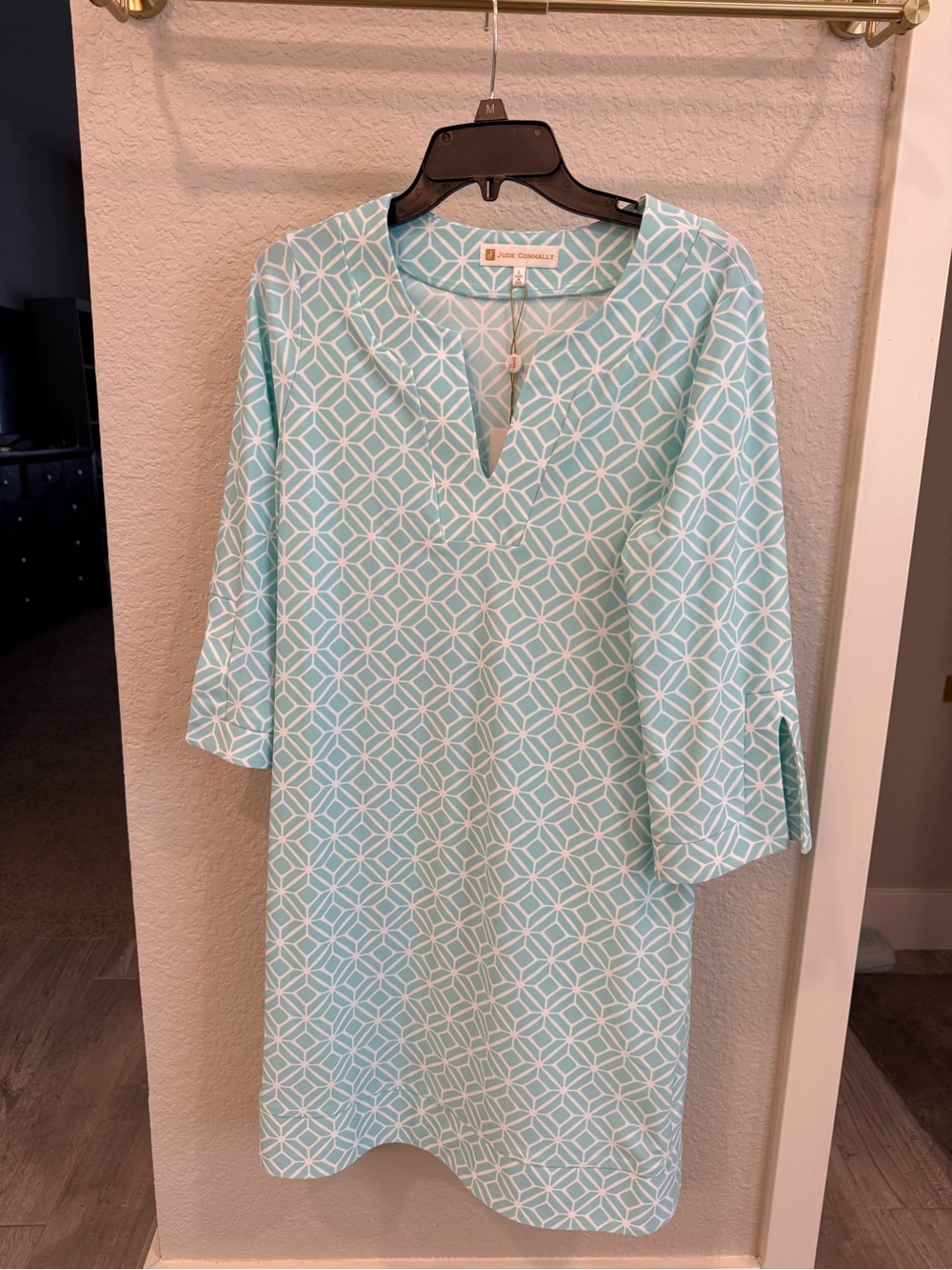 Jude Connally Aqua Geometric Midi Dress
